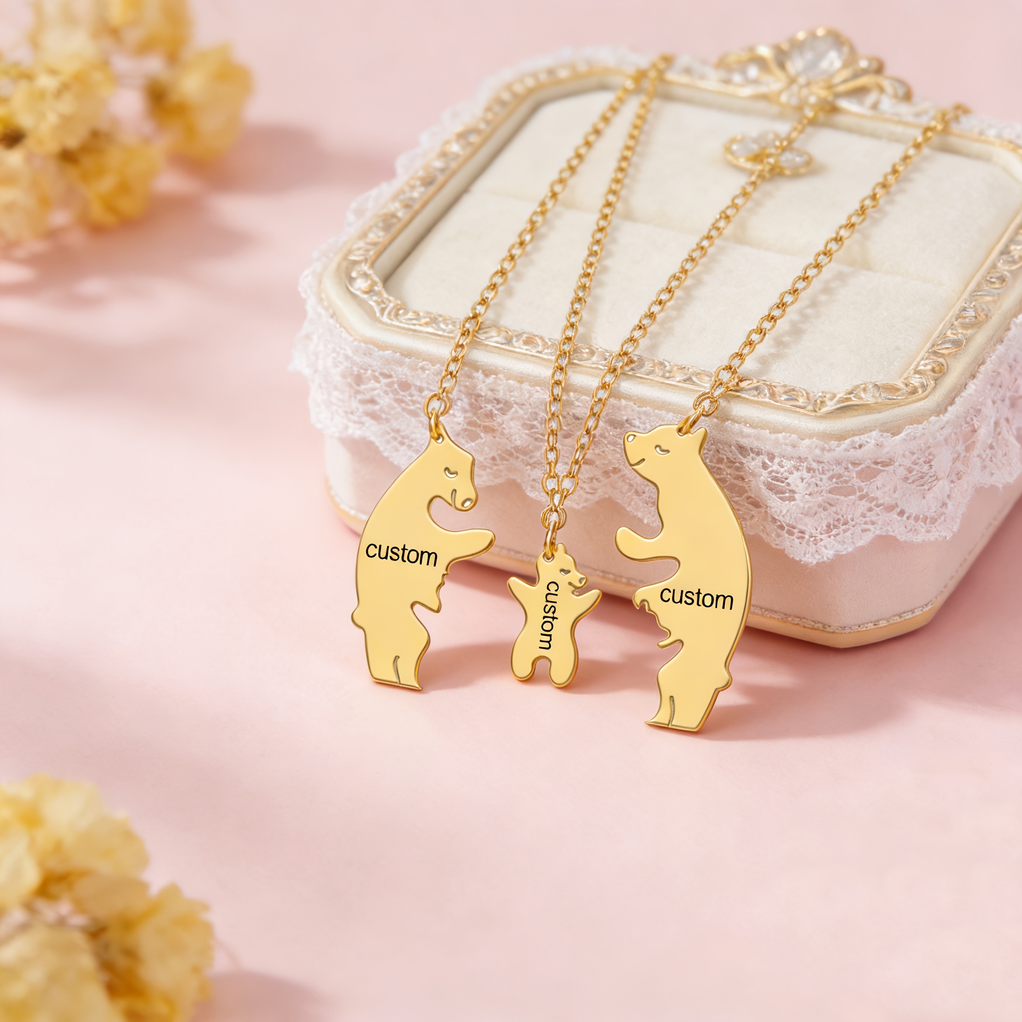 2pcs Personalized Custom Animal Bear Pendant Matching Necklace Set